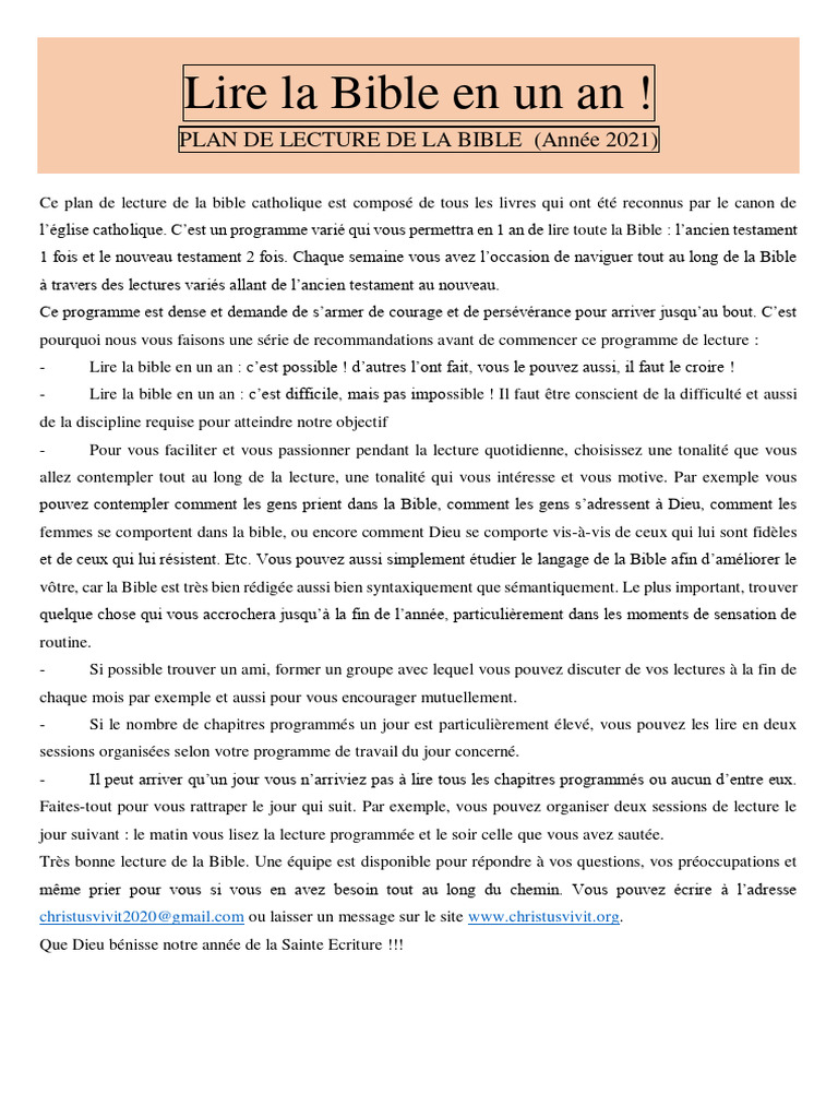 Plan de lecture de la Bible en un an | PDF | Bible | Œuvres religieuses