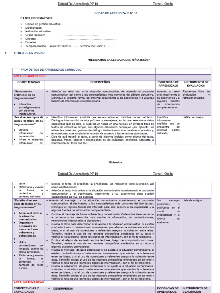 Unidad de Aprendizaje: Navidad en Tercer Grado | PDF | Evaluación ...