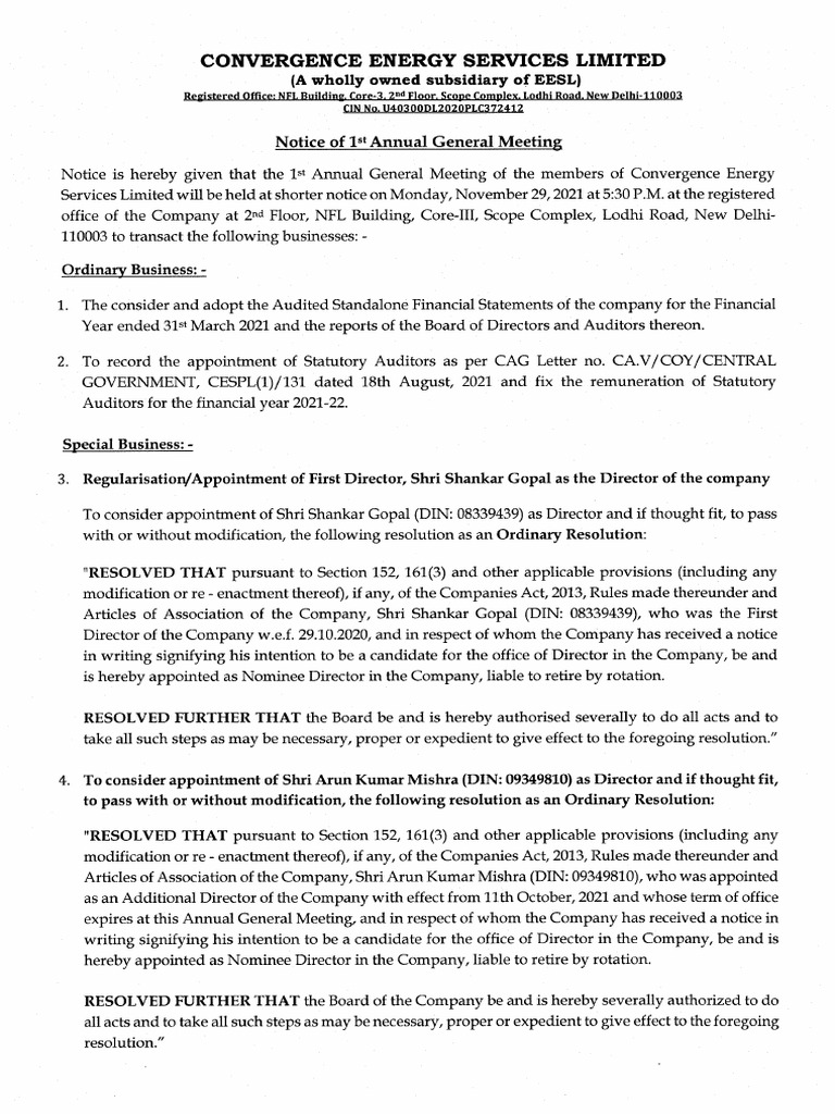 Sample Notice of 1st Annual General Meeting | PDF