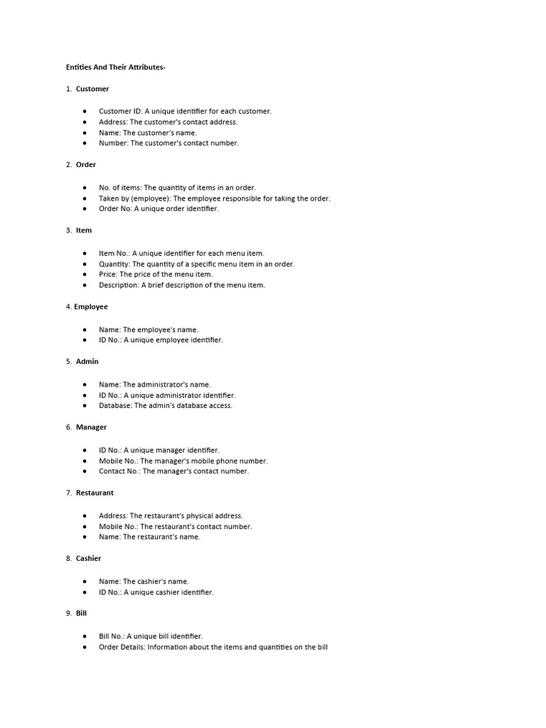 Entities and Attributes in Restaurant Management | PDF | Menu | Identifier