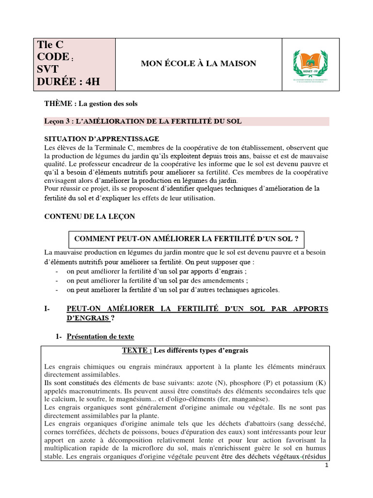 SVT Tle C - L11 - L Lamélioration de La Fertilité Des Sols | PDF ...