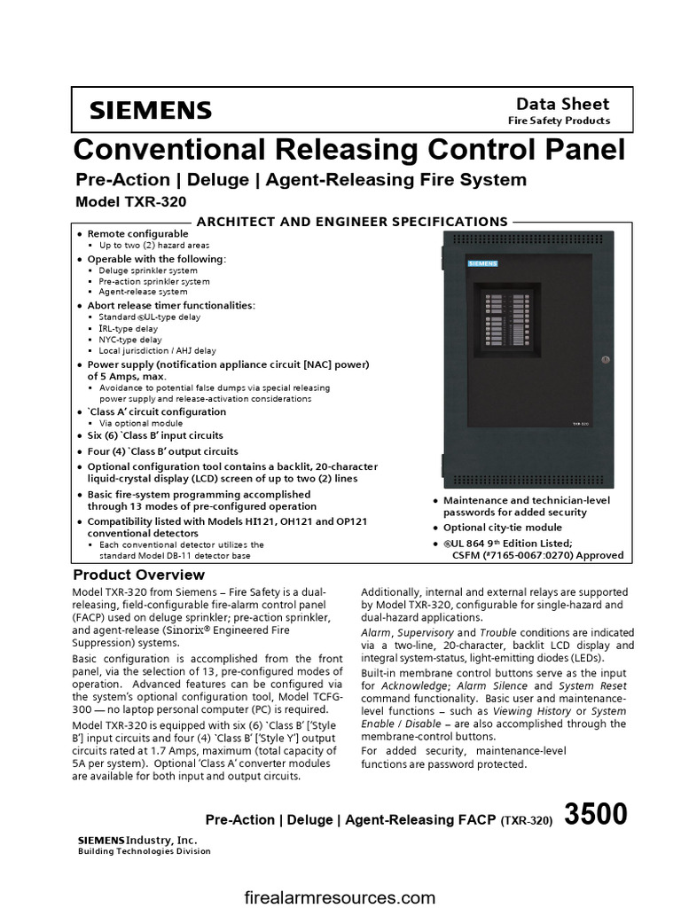 Siemens TXR 320 Pre Action Deluge and Agent Releasing Conventional Facp ...
