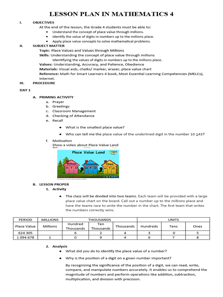 Grade 4 Place Value Lesson Plan | PDF | Numbers | Learning