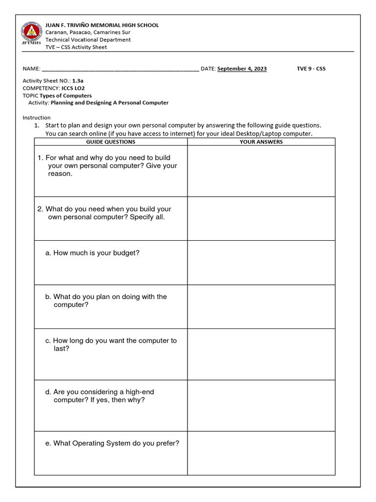 Activity Sheet 1.3a - Planning and Designing A Personal PC | PDF ...