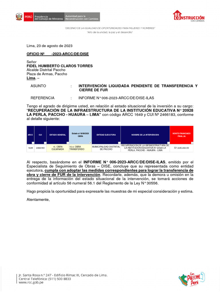Oficio Nº-2023-Cierre Paccho | PDF