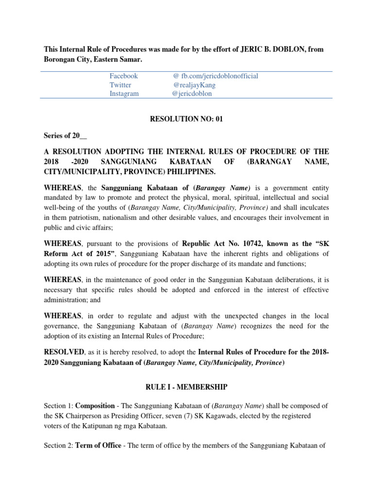 Internal Rules for Sangguniang Kabataan | PDF | Quorum | Justice