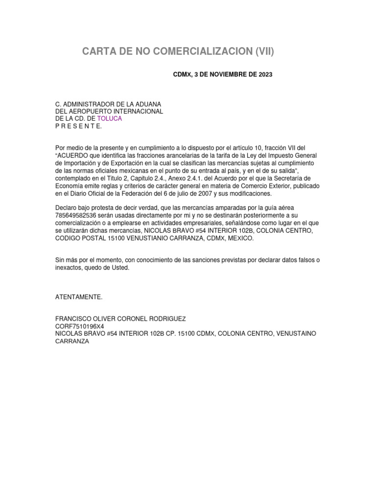 Carta de No Comercialización 2023 | PDF