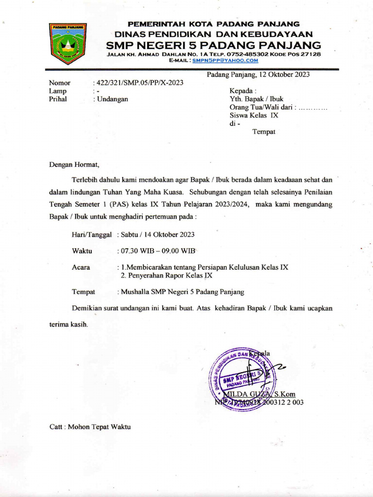 Surat Undangan Kelas 920231012 - 14121225 | PDF