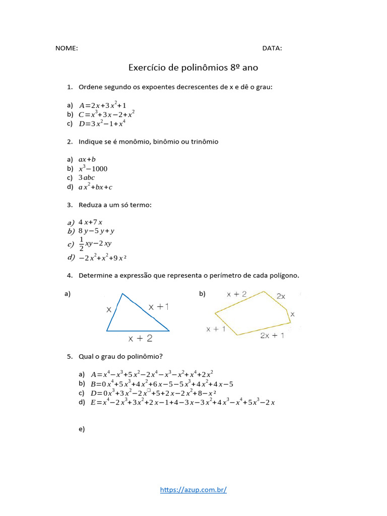 Exercício de Polinômios 8º Ano | PDF