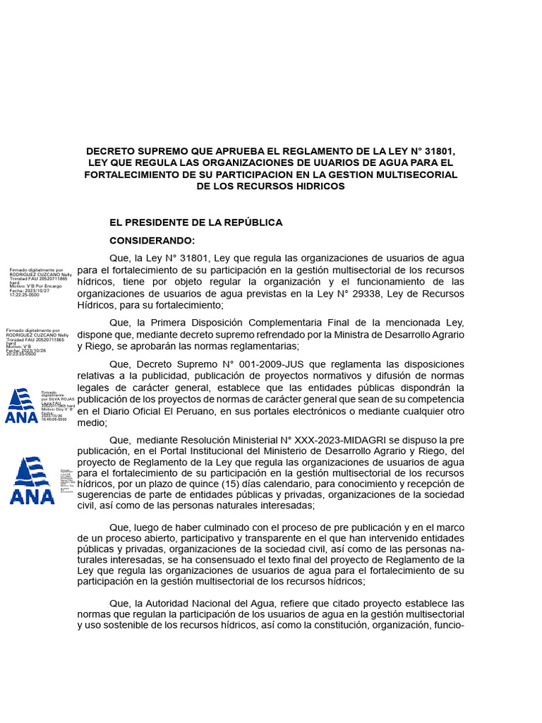 Reglamento Ley N° 31801 de Agua | PDF | Regulación | Gobernancia