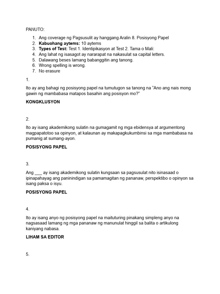 Akademik - Posisyong Papel - Pagsusulit | PDF