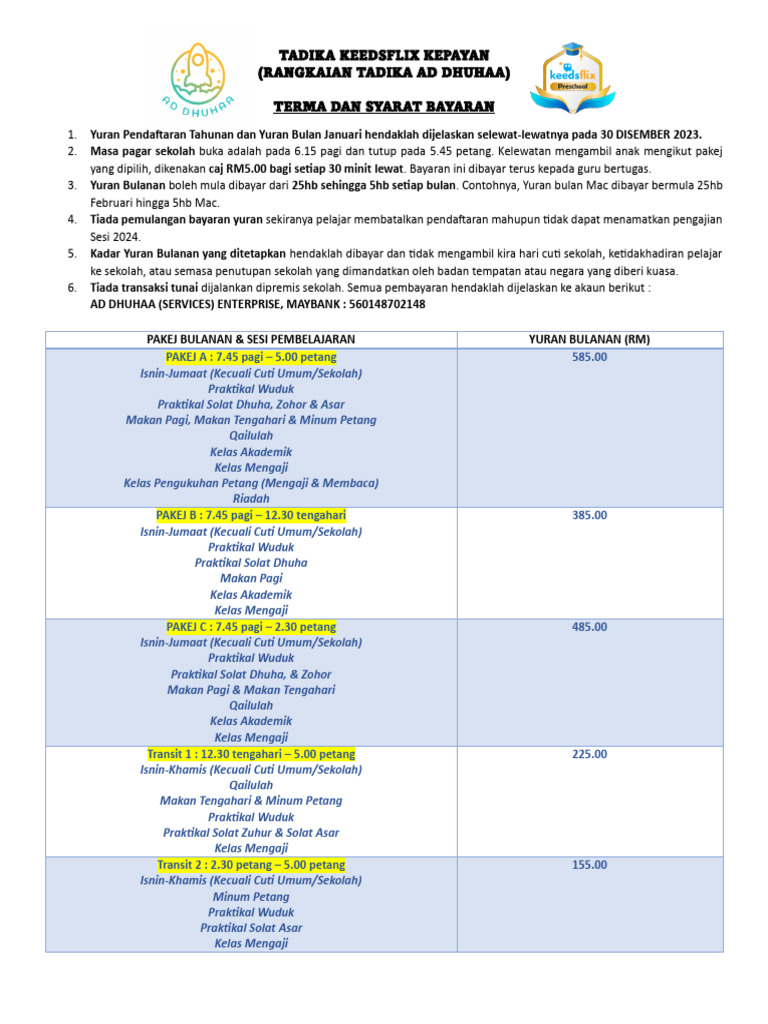Yuran Tadika Keedsflix Kepayan 2024 | PDF