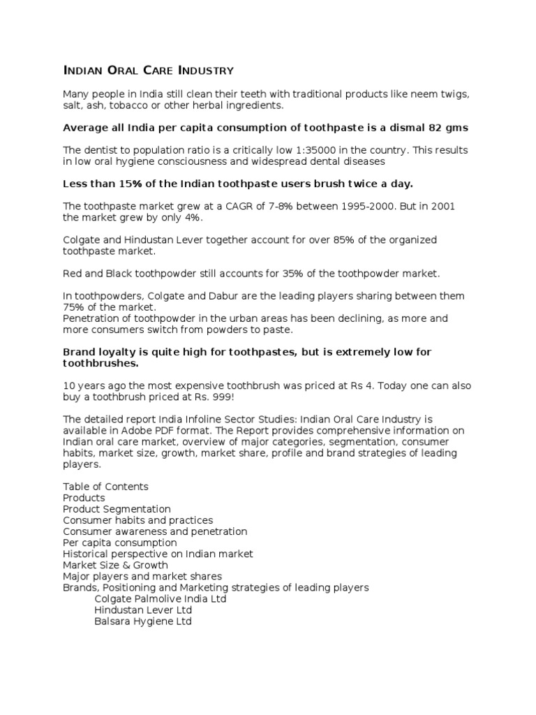 Indian Oral Care Industry Industry Report PDF Oral Hygiene Foods
