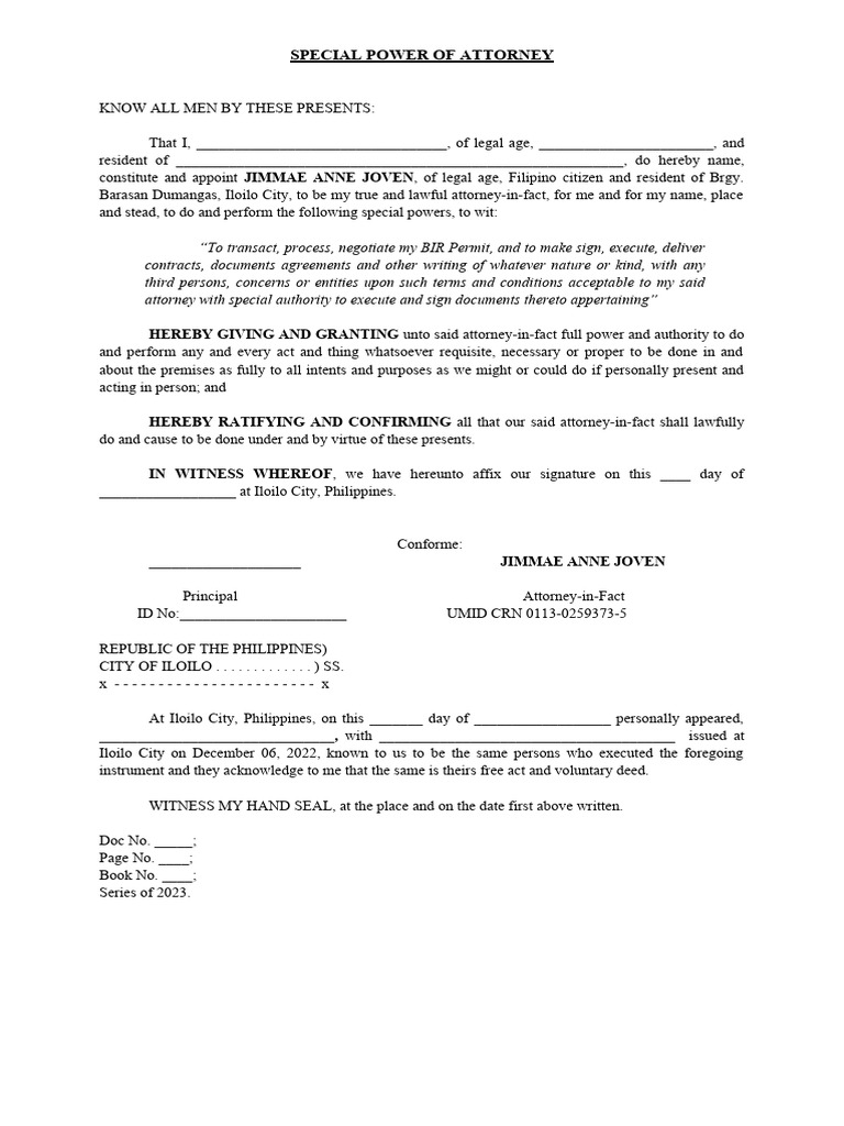 Special power of attorney bir pdf