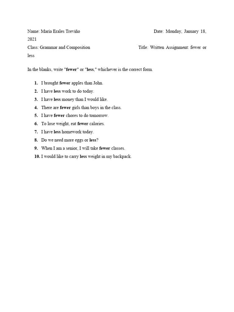 Fewer vs. Less: Grammar Exercise | PDF | Wellness | Language Arts ...