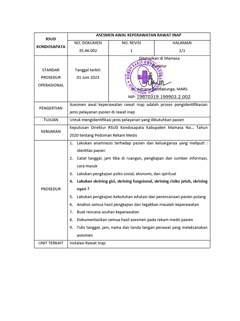 AP 1 EP 1 SOP Asesmen Awal Keperawatan Ranap | PDF | Kesehatan Holistik