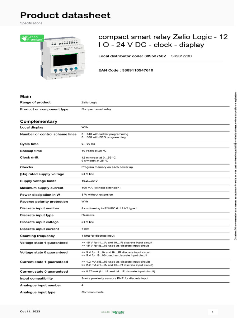 Zelio Logic Compact Smart Relay SR2B122BD | PDF | Relay | Electrical ...