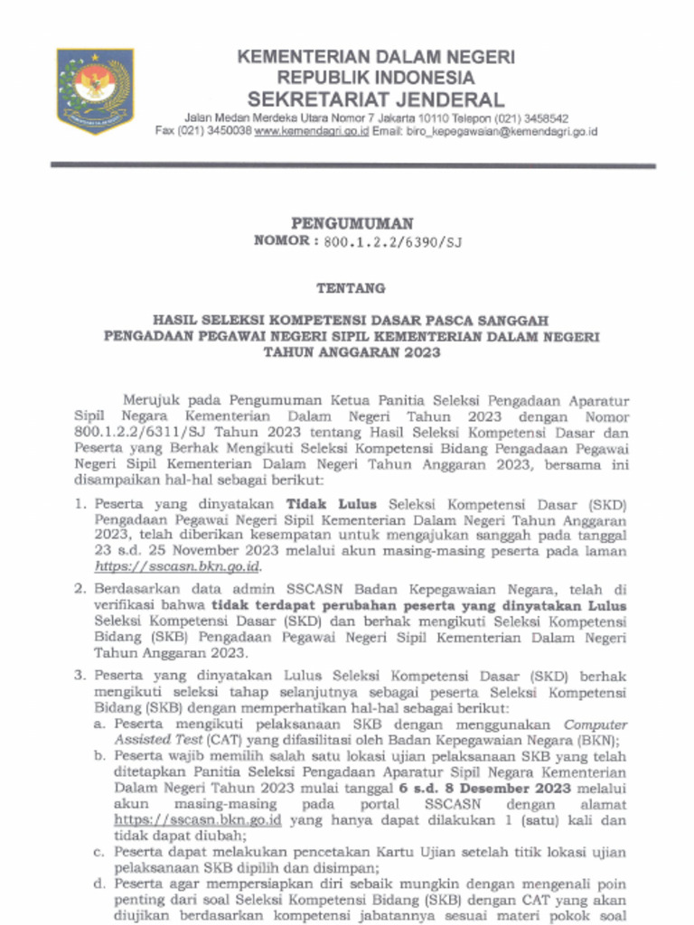 Pengumuman Hasil Seleksi Kompetensi Dasar Pasca Sanggah Pengadaan PNS