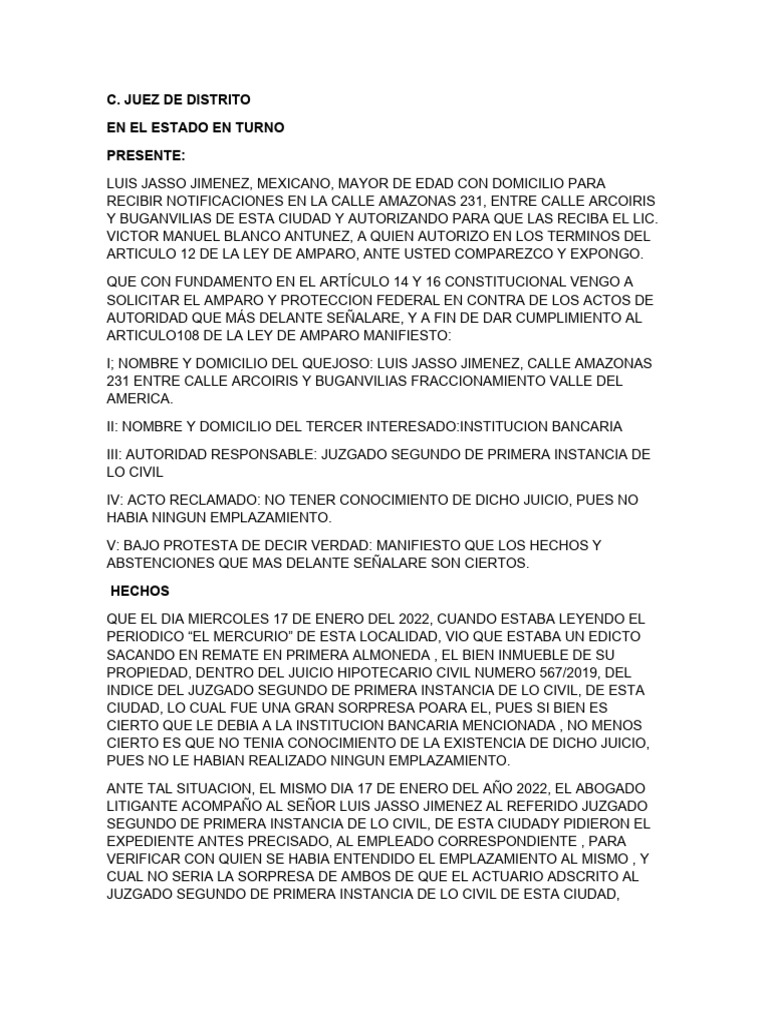 Solicitud de Amparo por Emplazamiento Incorrecto | PDF | Justicia ...