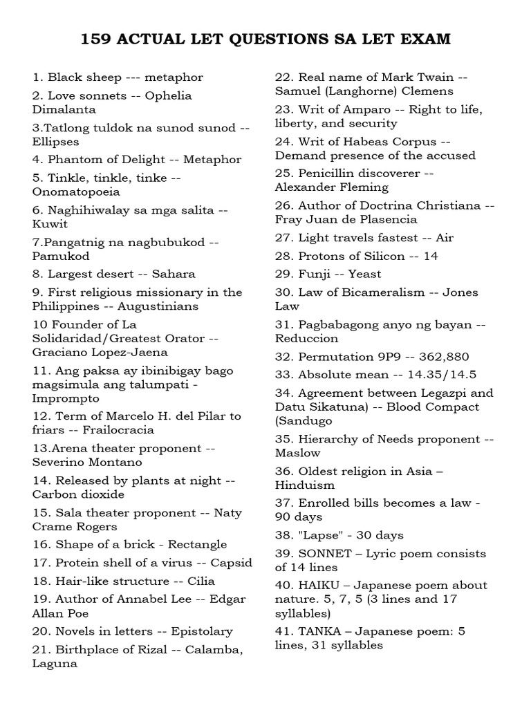 159 Actual LET Exam Questions | PDF | Poetry