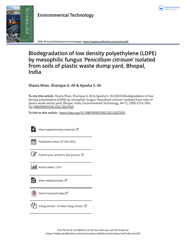 Biodegradation of Low Density Polyethylene LDPE by Mesophilic Fungus
