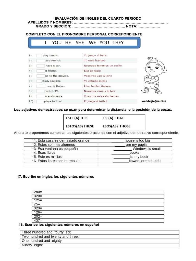 Evaluación de Inglés 4to Grado Primaria | PDF | Artes del Lenguaje y ...
