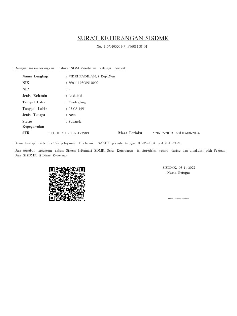 Contoh Surat Keterangan SISDMK 115 P3601100101 PDF