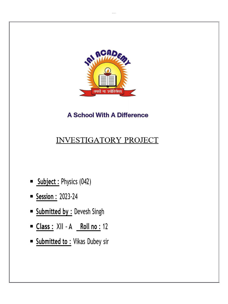 Class 12 Physics Project Cover Page | PDF | Refractive Index | Refraction