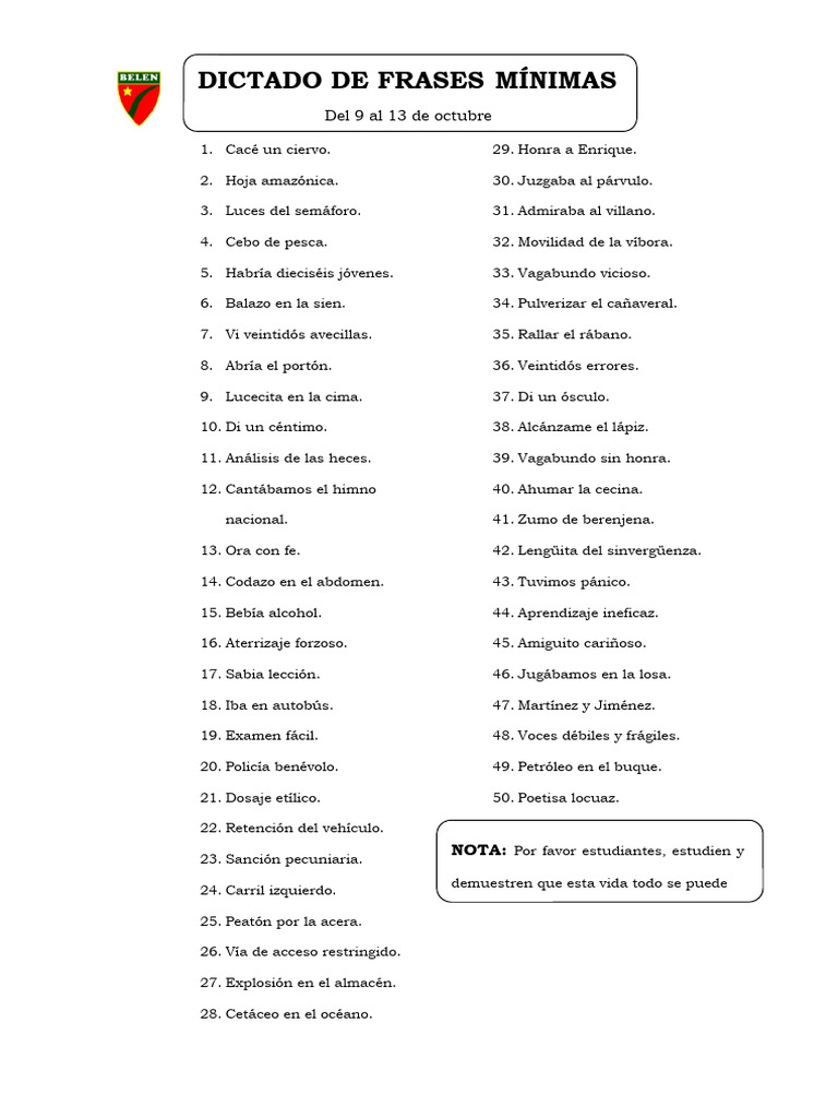 Dictado de Frases Mínimas Primera Semana de Octubre | PDF