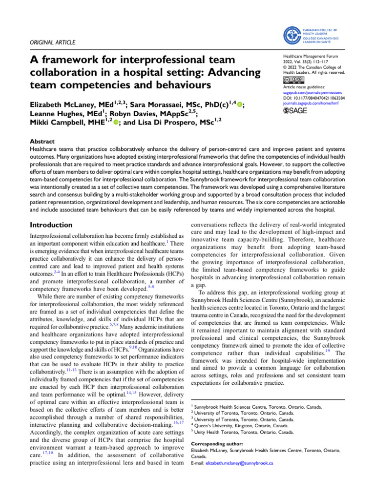 A Framework For Interprofessional Team Collaboration In A Hospital