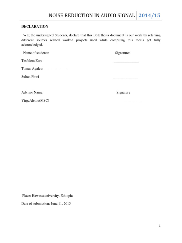 Noise Reduction in Audio Signal: Declaration | PDF | Filter (Signal ...