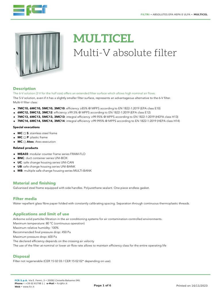 Multi-V Filter Specifications and Options | PDF | Filtration | Materials