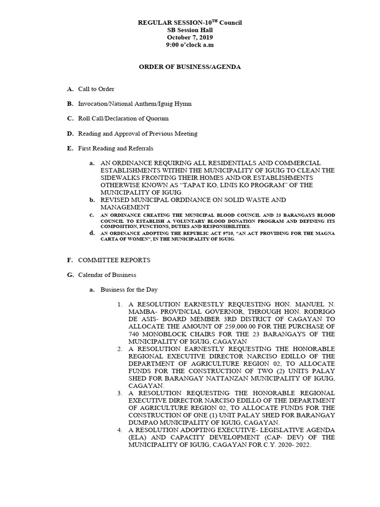 Sample Agenda For Sangguniang Bayan Regular Session Pdf Justice