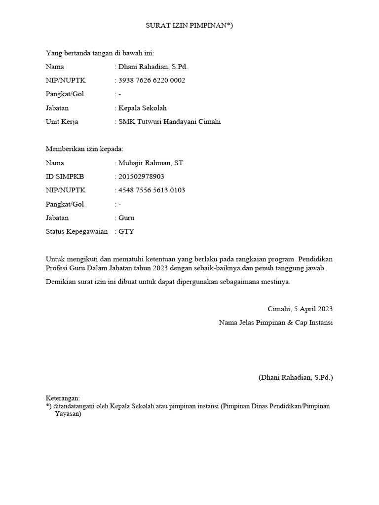 Surat Izin Guru untuk Pendidikan Profesi | PDF | Karier & Perkembangan