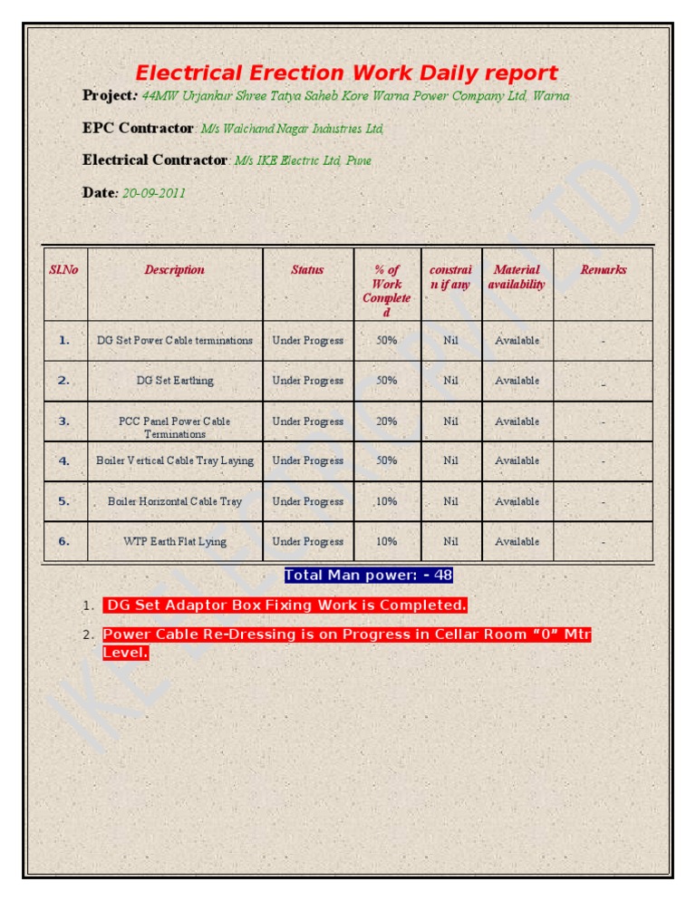 Daily Electrical Work Report - Warna Project | PDF