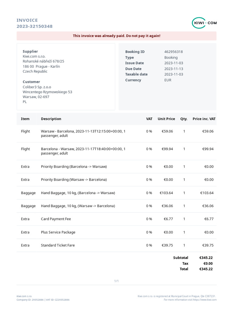 Kiwi.com Invoice 2023 - Paid | PDF | Value Added Tax | Invoice