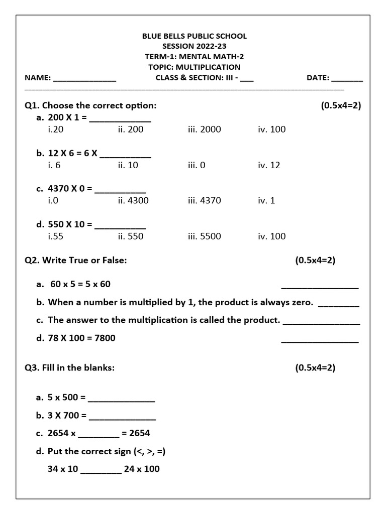 BBPS Class 3 Mental Math PDF