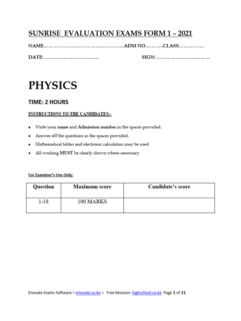 232 Form 1 Physics End Term 1 Question Paper | PDF | Pressure | Nature