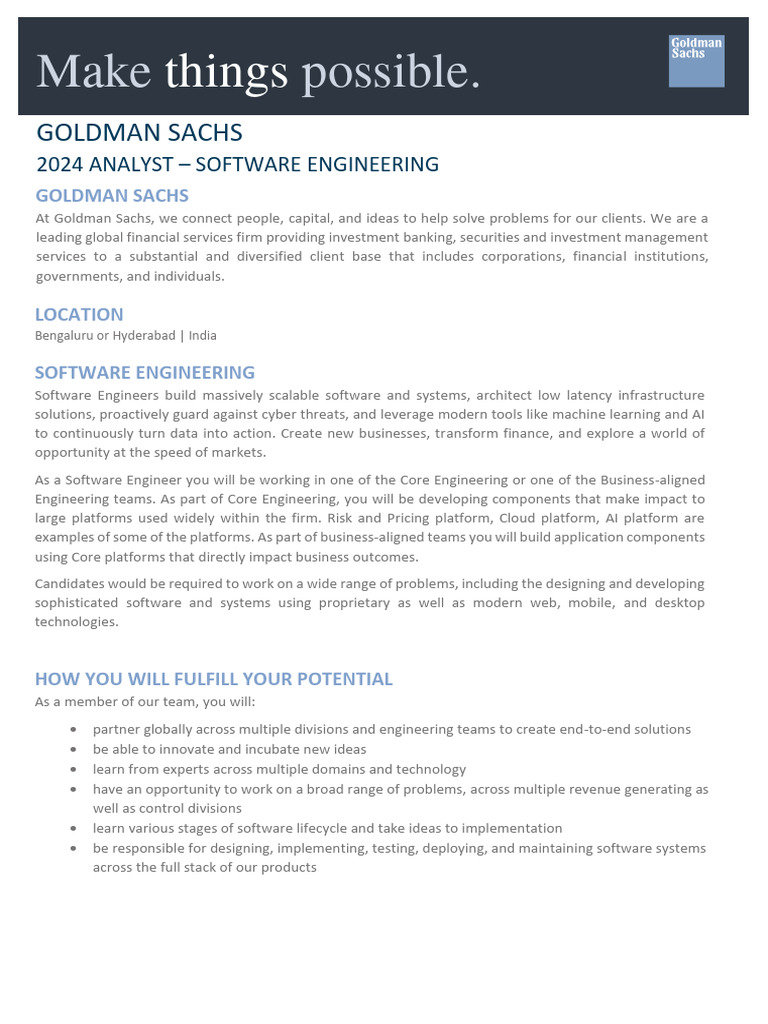 Goldman Sachs 2024 Software Engineer Role | PDF | Software | Engineering