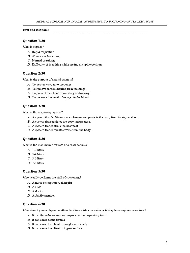 Medical Surgical Nursing Lab Oxygenation To Suctioning of Tracheostomy