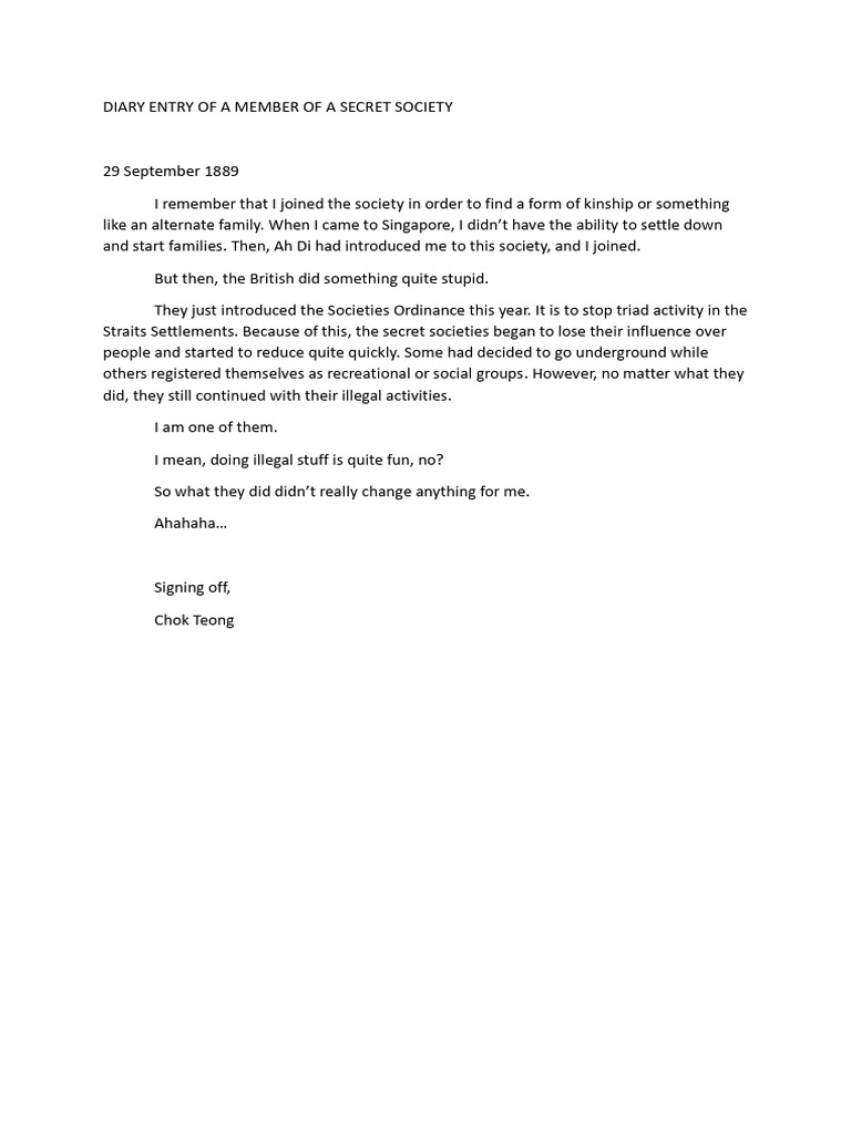 Secret Society Diary Entry: 1889 Insights | PDF | Social Science | History