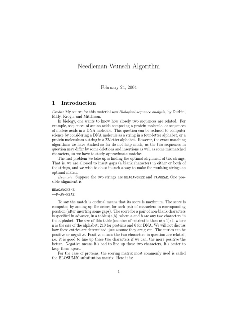 Needleman-Wunsch Alignment Method | PDF | Sequence Alignment ...