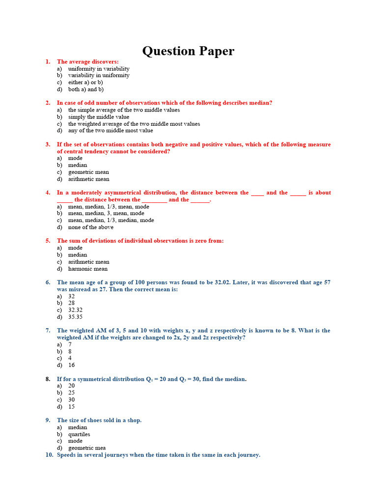 Mean, Median, Mode Question Paper | PDF | Mean | Median