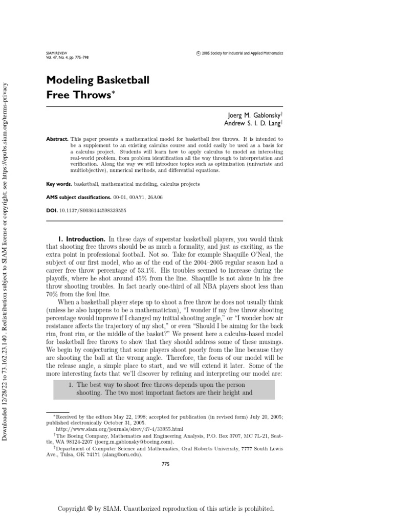 Modeling Basketball Free Throws (Gablonsky, Lang) Paper PDF