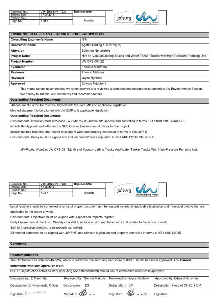 Environmental File Rejection Letter | PDF