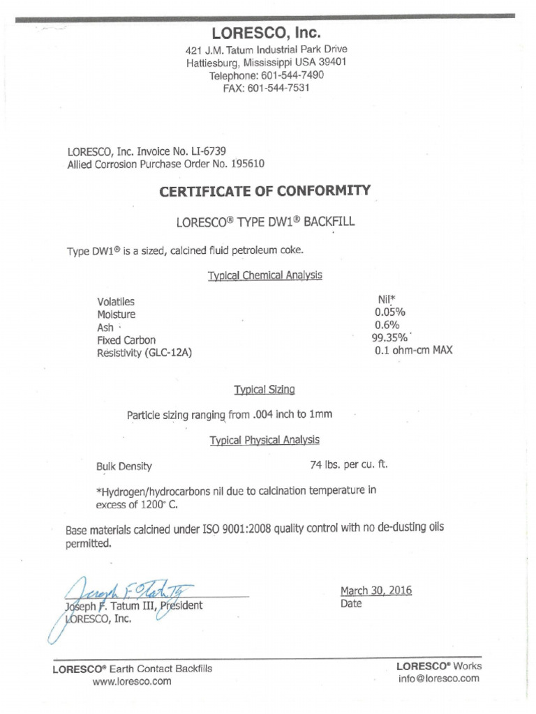 Loresco Sample Cert - of Conformity & Analysis-1 | PDF