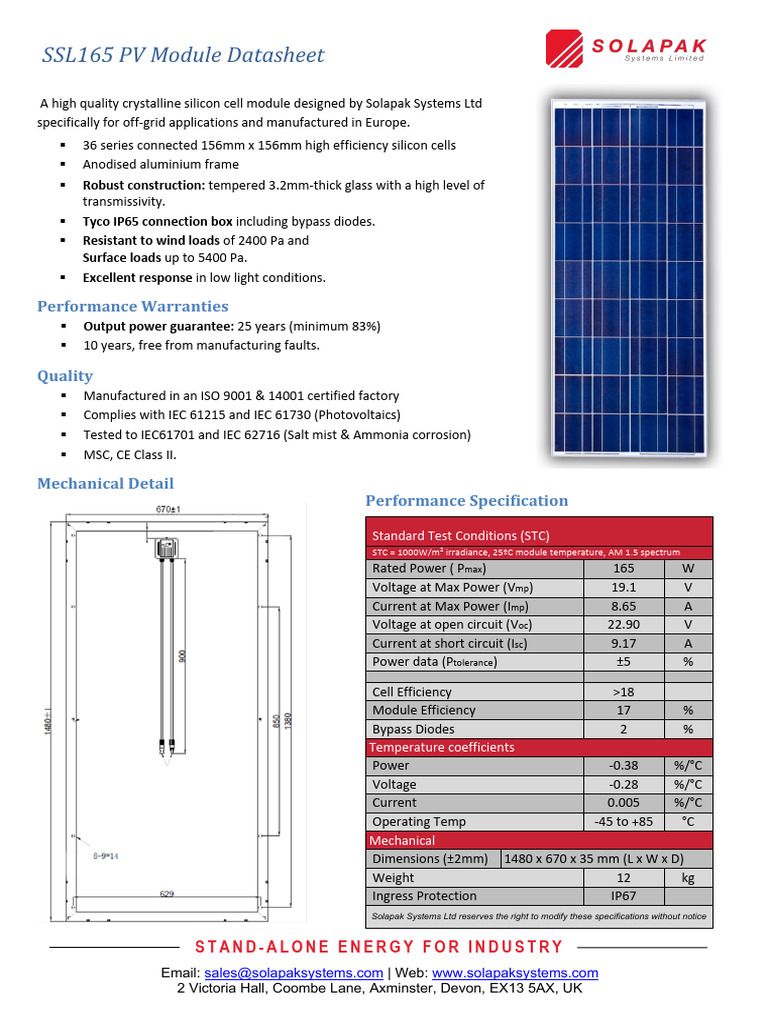 165W Solar Panel Specifications | PDF | Photovoltaics | Solar Panel