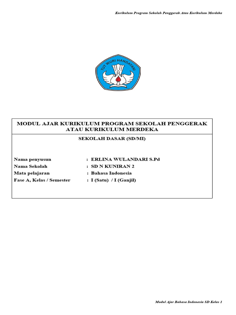 Modul Ajar Bahasa Indonesia Kelas 1 | PDF | Seni & Disiplin Bahasa ...