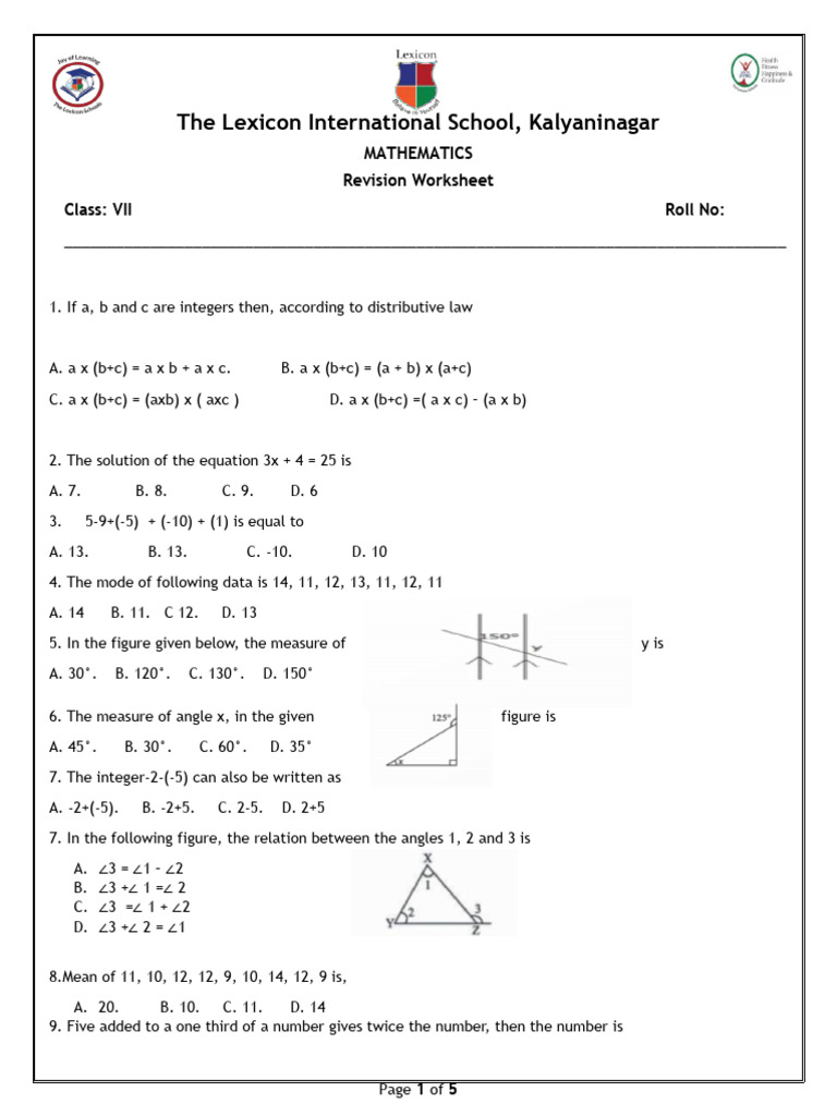 TLISK - Cl-VII - Math - HY - Revision WS - Sept - 2023-24 | PDF ...