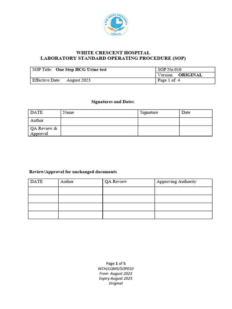 One Step HCG Urine Test SOP | PDF | Human Chorionic Gonadotropin ...